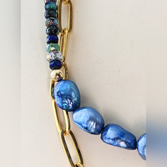Blue Glass Czech Beads & Crystal Pendant In Two Strand Paperclip Necklace - Picture 4 of 10